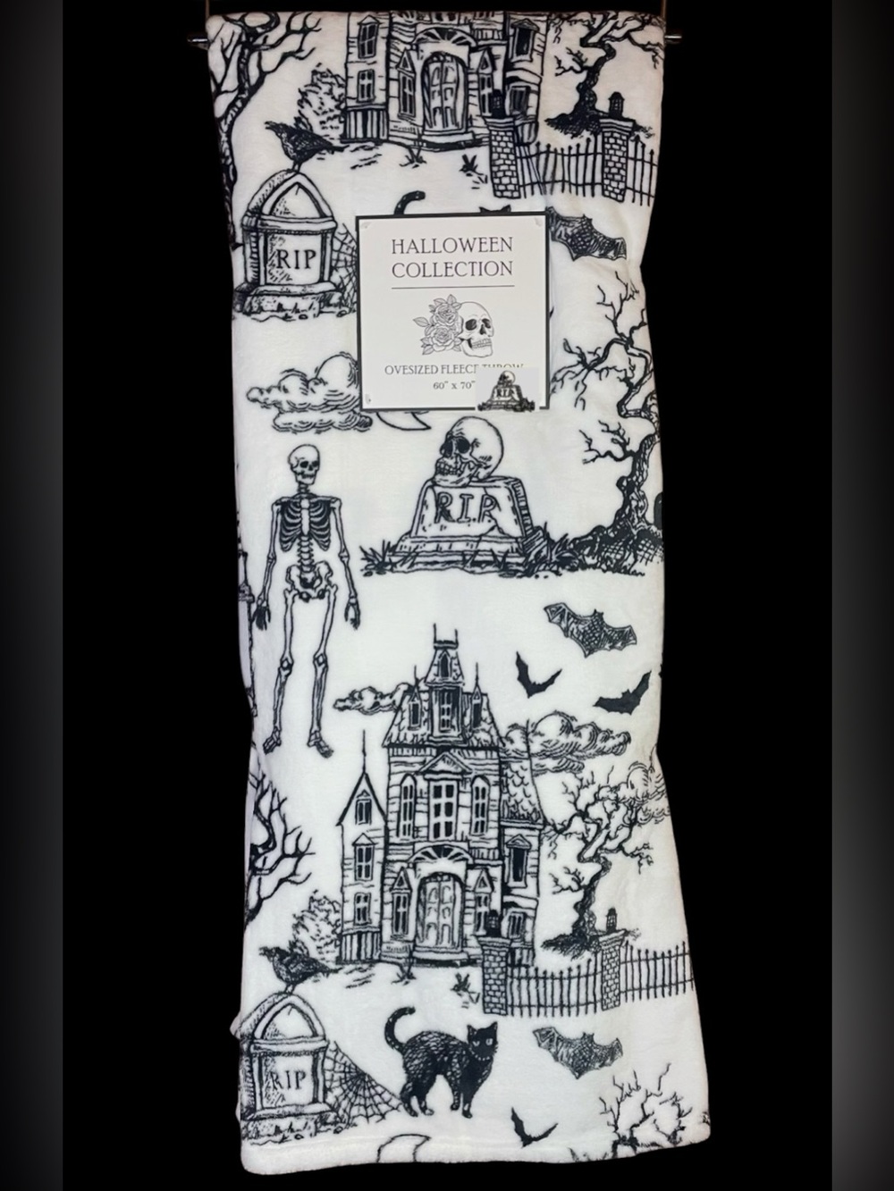 Halloween Oversized Plush Throw White Black Skeleton Haunted House Cat Tombstone